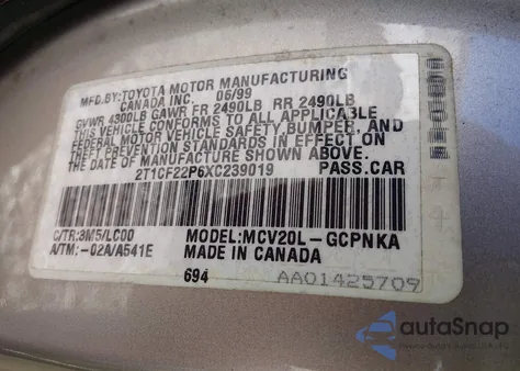 1999 Toyota Camry Solara Sle z USA, uszkodzony, nr VIN 2T1CF22P6XC239019